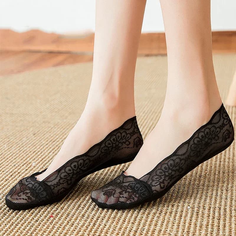 5 Pairs/Lot Socks Women's Lace Invisible Summer Transparent Short No-Show Ankle Set White Low Cut Silicone Non-Slip Boat Sock - 2